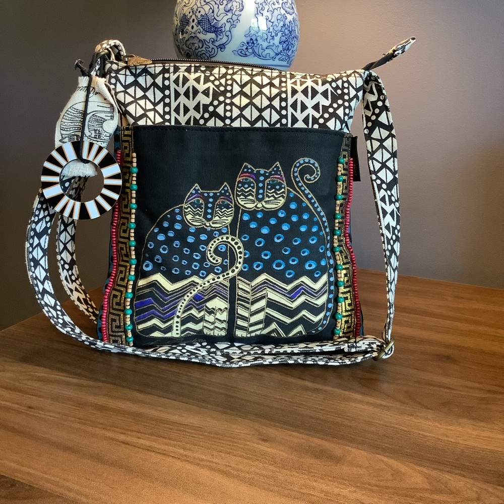 Laurel Burch‎ Spotted Cats Crossbody with Blue, Gold and Turquoise Cat Design